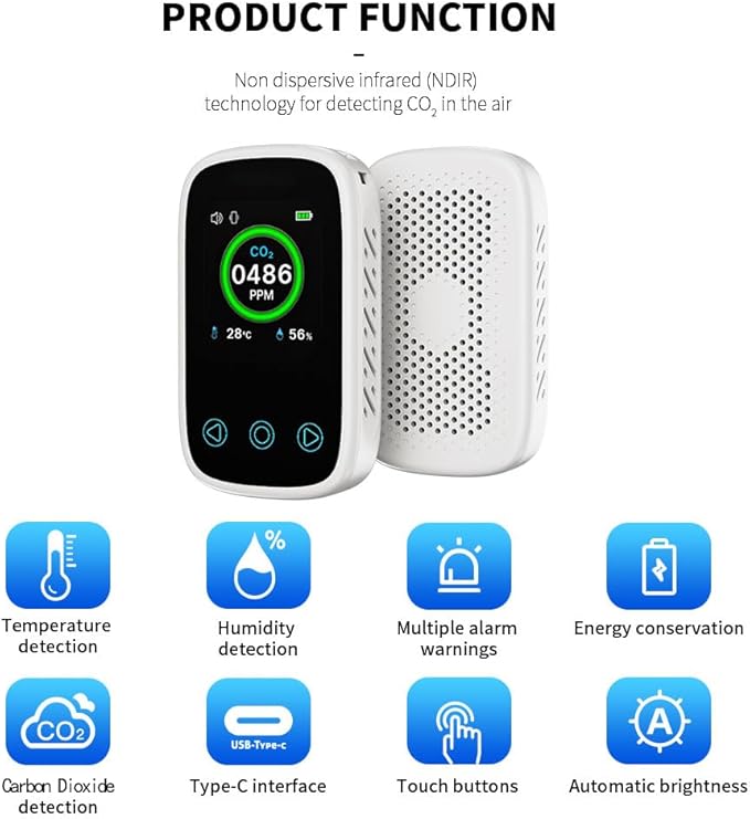 Portable CO2 Monitor CO2 Sensor,3 in 1 CO2 Concentration Monitor for Travel,Camping, Office, School,Home
