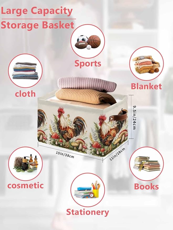 Farmhouse Rooster Storage Bins Cubes Waterproof Cloth Storage Basket, Rustic Farm Mushroom Eucalyptus Leaves Foldable Storage Bags for Shelf Closet Clothes Organizers with Handles 15x11x9.5 in 2PCS