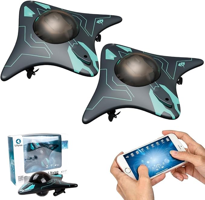 Underwater Drone with Camera, Submarine Water Photography Device Remote App Control Wifi Live Video Transmission Portable Compact Exploration Imaging Adjustable Lift LED Headlight(2Pcs)