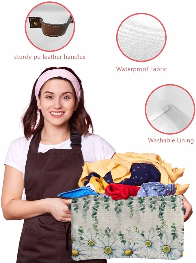 Daisy Eucalyptus Leaves Storage Bins Cubes Waterproof Cloth Storage Basket,Rustic Weeping Botanical Linen Foldable Storage Bags for Shelf Clothes Storages Organizers with Handles 15x11x9.5 in 2PCS