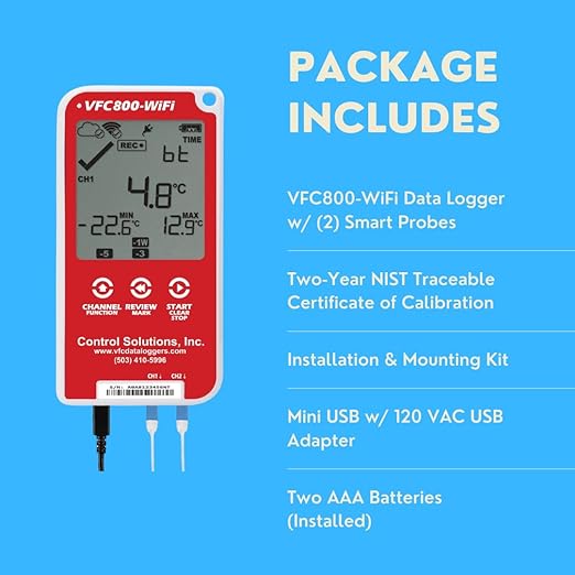 Control Solutions VFC800 Temperature Data Logger (VFC800-WiFi 10Ft Dual Probe)