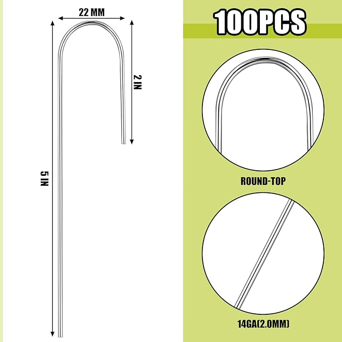 Pelopy 100 Pcs 5/8" Irrigation Drip Tubing Stakes 5 in J-Shaped Landscape Staples Garden Drip Line Stakes Soaker Hose Pins for Lawn Plant Yard Fence Ground Drips Systems, Sliver