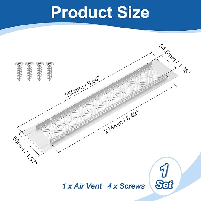 uxcell Aluminum Alloy Air Vents, 250 x 50mm / 9.8 x 2" Rectangle Louvered Ventilation Grille Cover with Mounting Screws for Door Cabinet Wardrobe, Silver