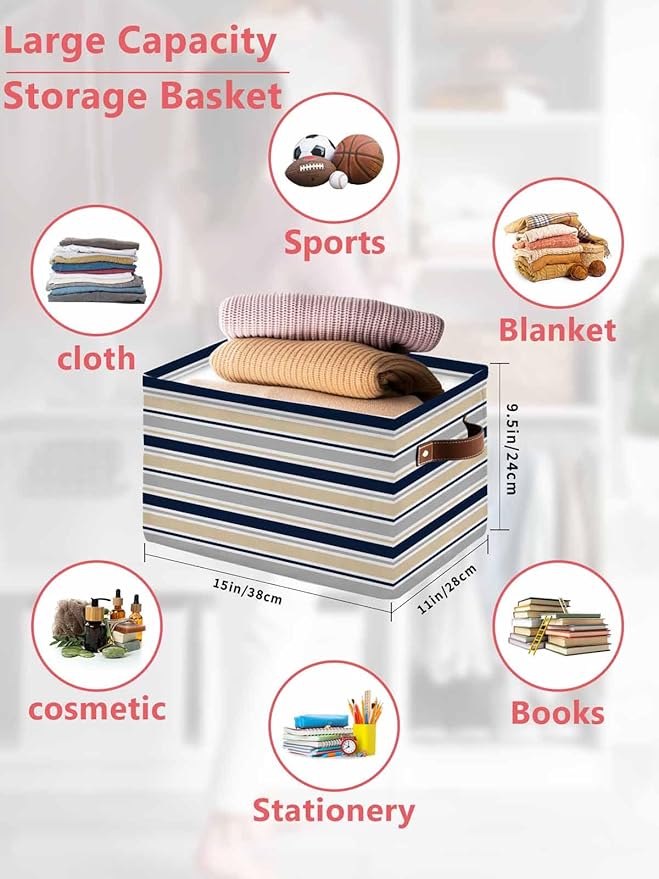 Beige Navy Blue Striped Storage Bins Cubes Waterproof Cloth Storage Basket,Farmhouse Stripes Modern Abstract Art Foldable Storage Bags for Shelf Storages Organizers with Handles 15x11x9.5 in 1PCS