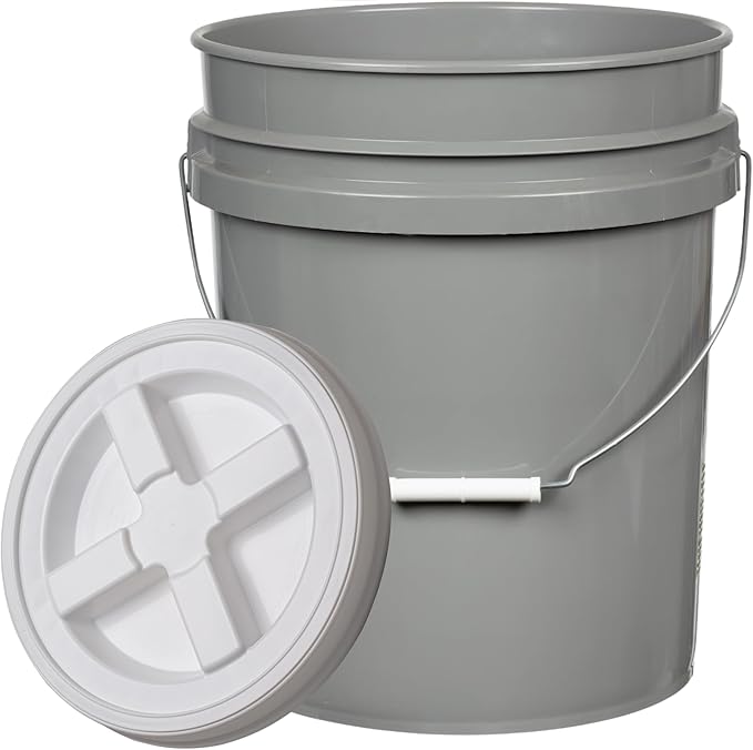 House Naturals 5 Gallon Food Grade BPA Free Made in USA Pails Gray Bucket with Screw On Air Tight Lid (1, Gray with White lid)