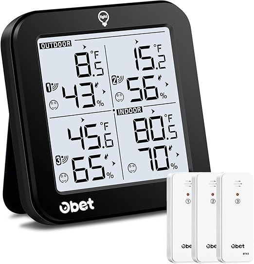 OBET Indoor Outdoor Thermometer Wireless Weather Station with 3 Sensors, Digital Hygrometer Remote Thermometer, Thermometer Temperature Humidity Monitor with Adjustable Backlight, USB Port (500 Feet)