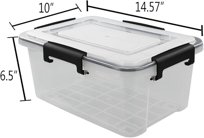 6-Pack 12 Qt Plastic Storage Box with Gasket Seal Lid, Durable Moving Containers with Tight Latch, Weather Proof Tote Bin, Clear/Black