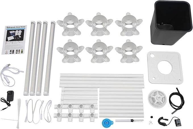 Hydroponic Growing Kit, 6 Layer 30 Planting Point Hydroponic Grow Tower with 4 LED Lamps, Vertical Tower Planter Germination Kit, Hydroponics Growing System for Garden, Office, Balcony (Gray)