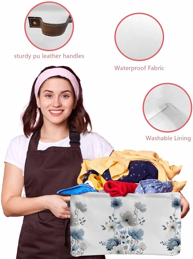 Blue Grey Floral Storage Bins Cubes Waterproof Cloth Storage Basket, Watercolor Flowers Farmhouse Foldable Storage Bags for Shelf Closet Clothes Organizers with Handles 15x11x9.5 in 2PCS