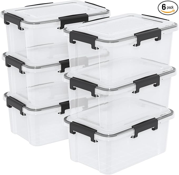 6-Pack 12 Qt Plastic Storage Box with Gasket Seal Lid, Durable Moving Containers with Tight Latch, Weather Proof Tote Bin, Clear/Black