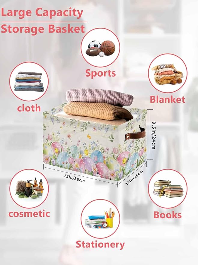 Easter Eggs Storage Bins Cubes Waterproof Cloth Storage Basket, Spring Daisy Eucalyptus Leaves Vintage Foldable Storage Bags for Shelf Closet Clothes Storages Organizers with Handles 15x11x9.5 in 1PCS