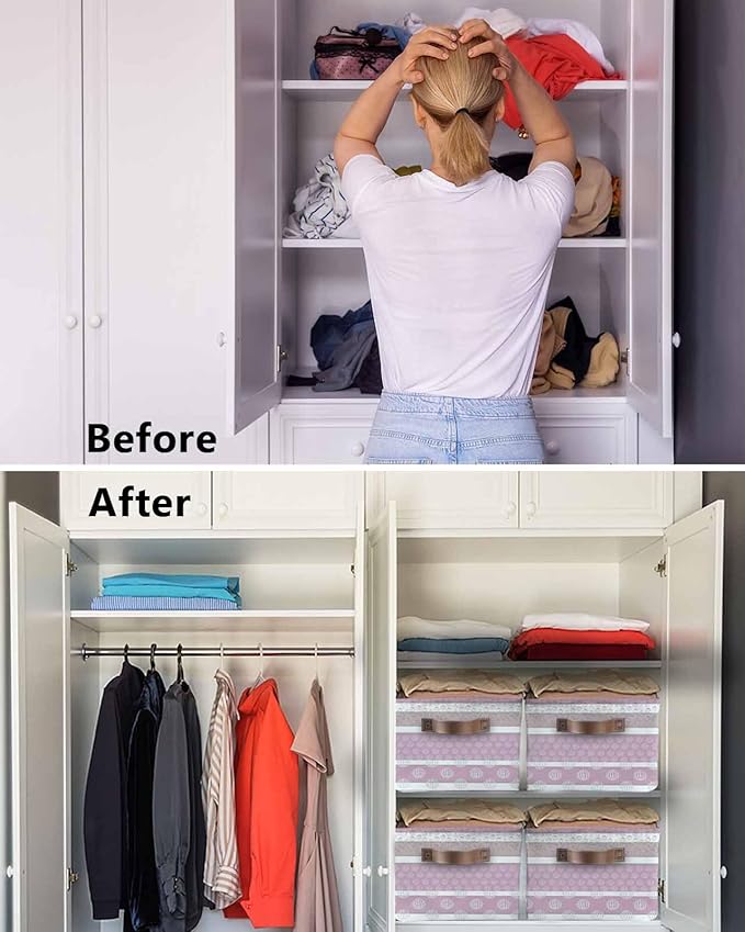 Farm Fruits Storage Bins Cubes Waterproof Cloth Storage Basket,Watermelon Lemons Peach Pink Grey Striped Foldable Storage Bags for Shelf Clothes Storages Organizers with Handles 15x11x9.5 in 2PCS
