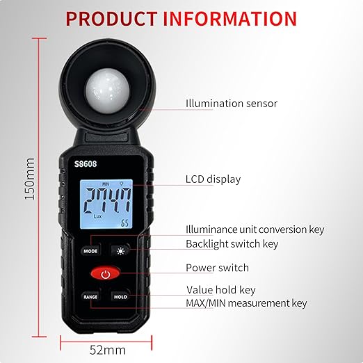 Digital Illuminance Meter Light Meter 20Lux to 200,000Lux Meter/18,500FC,Luxmeter for Photography Grow Plants Led Photometer Lighting Intensity Brightness Measurement