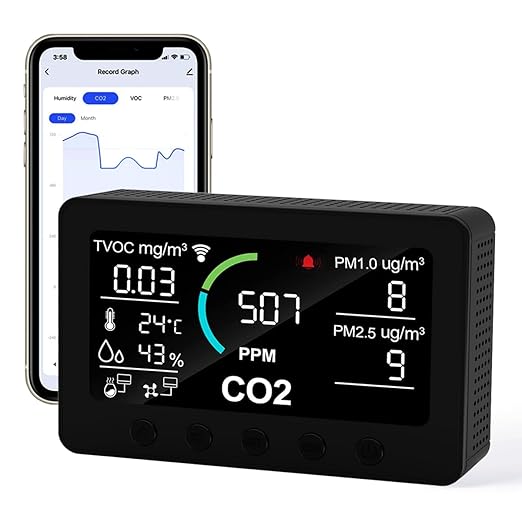 12 in 1 Air Quality Monitor Indoor, with WiFi and APP,Air Quality Tester for Home,Air Quality Meters for CO2,TVOC,PM1.0,PM2.5,AQI,Temperature and Humidity,Detector for Home,Office (Black)