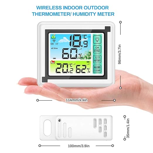 Number-one Wireless Weather Station Indoor Outdoor Thermometer with Remote Sensor, Digital Temperature and Humidity Monitor with LCD Backlight, Touchscreen, Min/Max Records for Home, Office, Baby Room