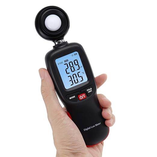 Lux Meter with Data Record, Digital Light Meter Illuminance Meter, Backlight Lux Temperature Meter 0~200,000 Measurement Range Lux/FC Unit MAX/MIN/Hold Function