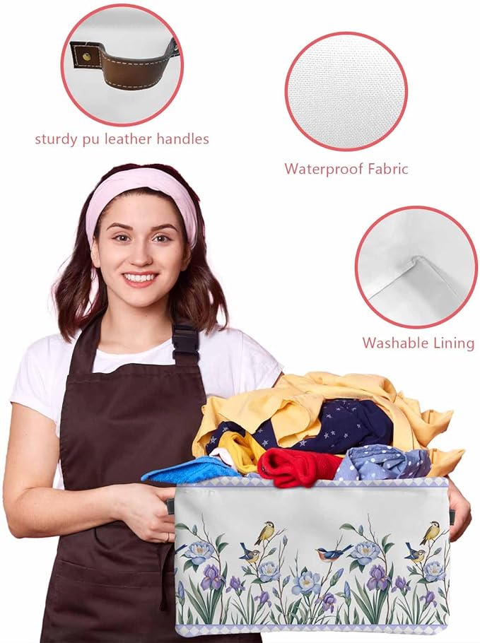 Spring Flowers Storage Bins Cubes Waterproof Cloth Storage Basket,Vintage Blue Floral Leaves Birds Rustic Plants Foldable Storage Bags for Shelf Storages Organizers with Handles 15x11x9.5 in 1PCS