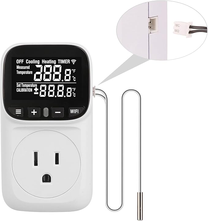 WiFi Digital Temperature Controller, Plug in Thermostat Outlet with Duration Timer & Smart Memory, -40℉~212℉, 16A/1800W, IP67 Waterproof Probe for Incubator, Homebrew, Reptile.