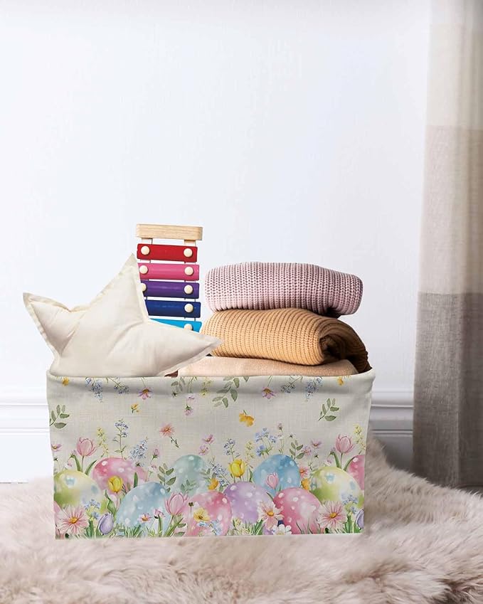 Easter Eggs Storage Bins Cubes Waterproof Cloth Storage Basket,Spring Daisy Eucalyptus Leaves Rustic Burlap Foldable Storage Bags for Shelf Clothes Storages Organizers with Handles 15x11x9.5 in 1PCS