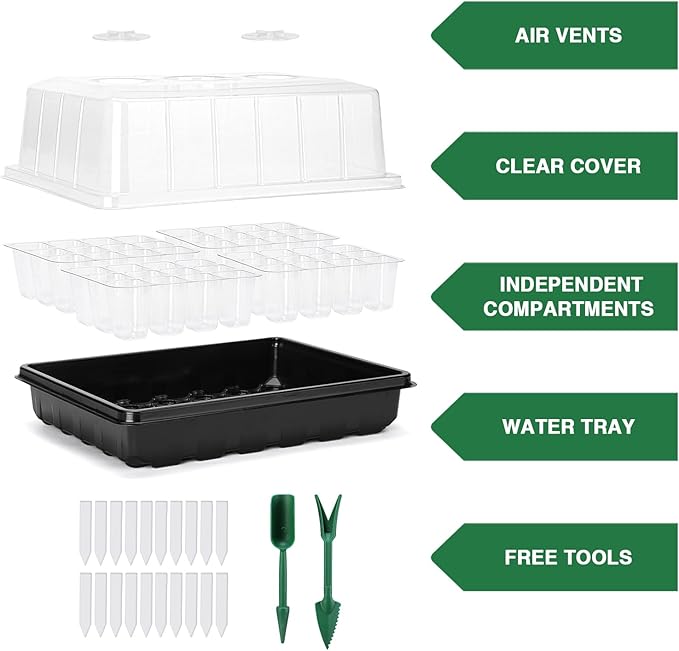 Delxo 3 Pack Seed Starter Kit Large Seedling Starter Tray(144 Cells) Total with Humidity Domes - Adjustable Vents & Deep Base Germination Kit for Indoor Gardening - Includes 10 Tags & Tools