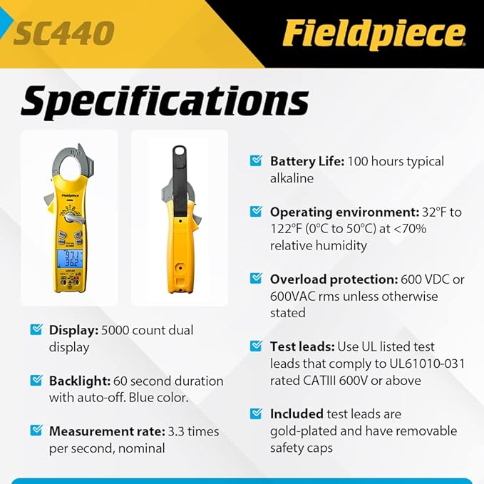Fieldpiece SC440 True RMS Clamp Meter with Temperature, Inrush Current, Capacitance and Backlight