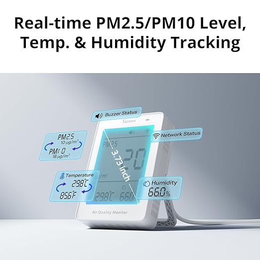 SONOFF SAWF-07P Smart Indoor Air Quality Monitor with PM2.5, PM10, Temperature & Humidity Sensor, Real-Time Display, Notification, Matter-Compatible, 2.4GHz WiFi, 3.73-inch Screen, for Bedroom, Nusery