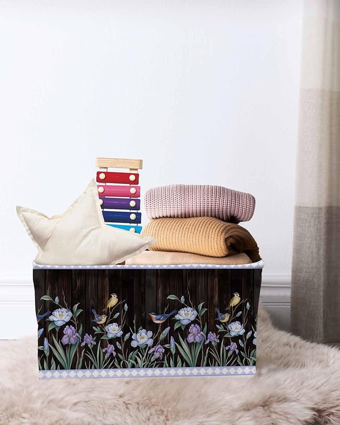 Spring Flowers Storage Bins Cubes Waterproof Cloth Storage Basket,Blue Floral Leaves Birds Country Farm Wood Grain Foldable Storage Bags for Shelf Storages Organizers with Handles 15x11x9.5 in 2PCS