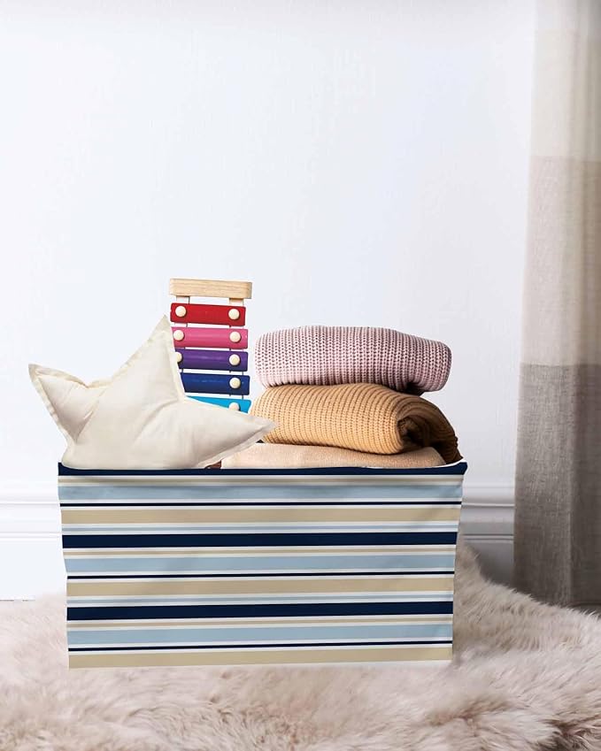 Navy Blue Khaki Striped Storage Bins Cubes Waterproof Cloth Storage Basket,Farmhouse Stripes Modern Abstract Art Foldable Storage Bags for Shelf Storages Organizers with Handles 15x11x9.5 in 1PCS