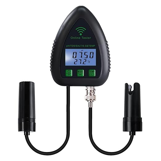 WiFi Water Quality Monitor 5-in-1 pH, S.G., TDS, Salt & Temperature Tester | 24/7 Online Hydroponic Monitoring with Data Logging & Alarms for Aquariums, Fish Ponds & Saltwater Pools