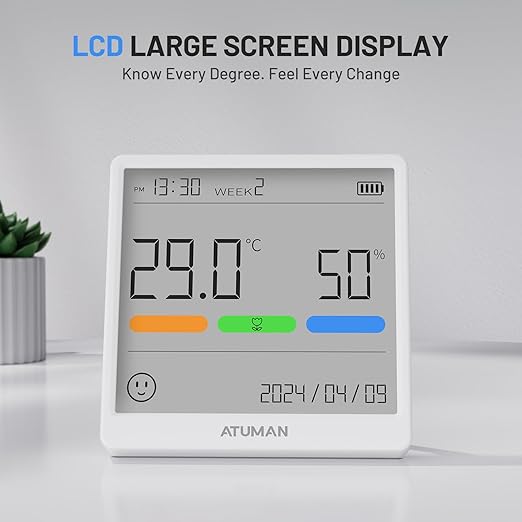 ATuMan THse Digital Thermo-Hygrometer with High-Precision Sensor, 4.3'' Large LCD Display & Long Battery Life - Indoor Temperature Humidity Monitor for Home, Office, Greenhouse