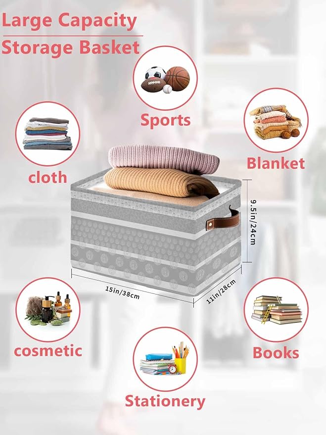 Farm Fruits Storage Bins Cubes Waterproof Cloth Storage Basket,Watermelon Lemons Peach Strawberry Grey Striped Foldable Storage Bags for Shelf Storages Organizers with Handles 15x11x9.5 in 2PCS