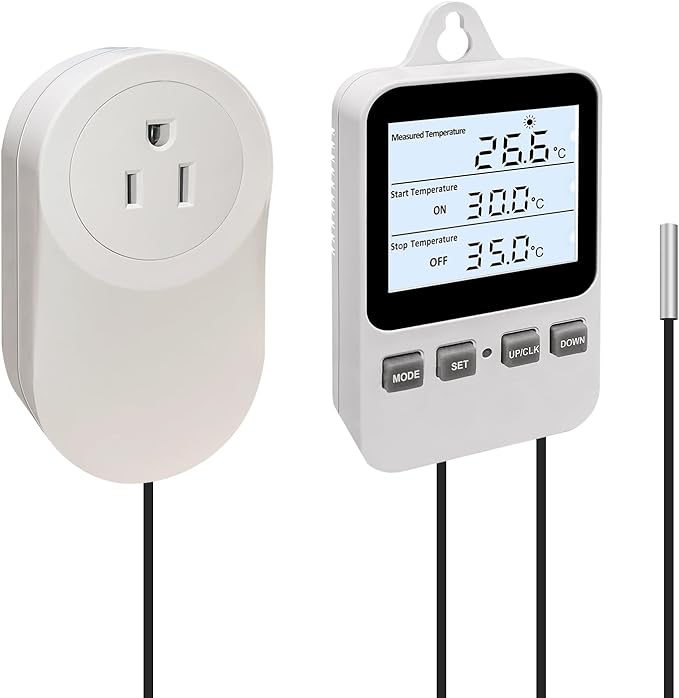 Temperature Controller Heating Cooling Mode Digital Thermostat 120V 15A Plug in Thermostat Controlled Outlet for Reptile Greenhouses Seedling Mat Incubation Terrarium