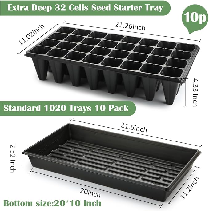 RooTrimmer 10 Pack 1020 Trays No Holes and 10 Pack 4.3" Deep 32 Cell Seed Starter Trays, 20" x 10" - Heavy Duty Plastic Nursery Flats for Seed Germination & Plant Propagation (10 Sets)