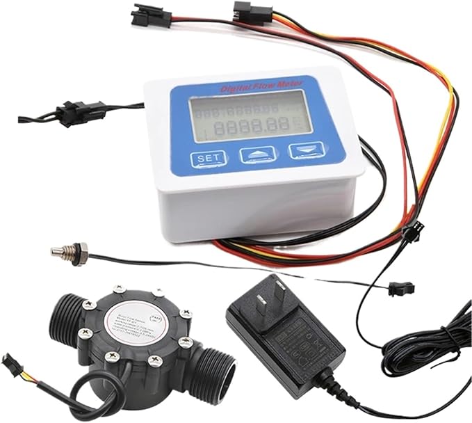 Smart Digital Water Flow Meter Set LCD Flow Rate Monitor Inline Electronic Flow Sensor with Temperature Display G1 G1/2 G3/4 (G1)
