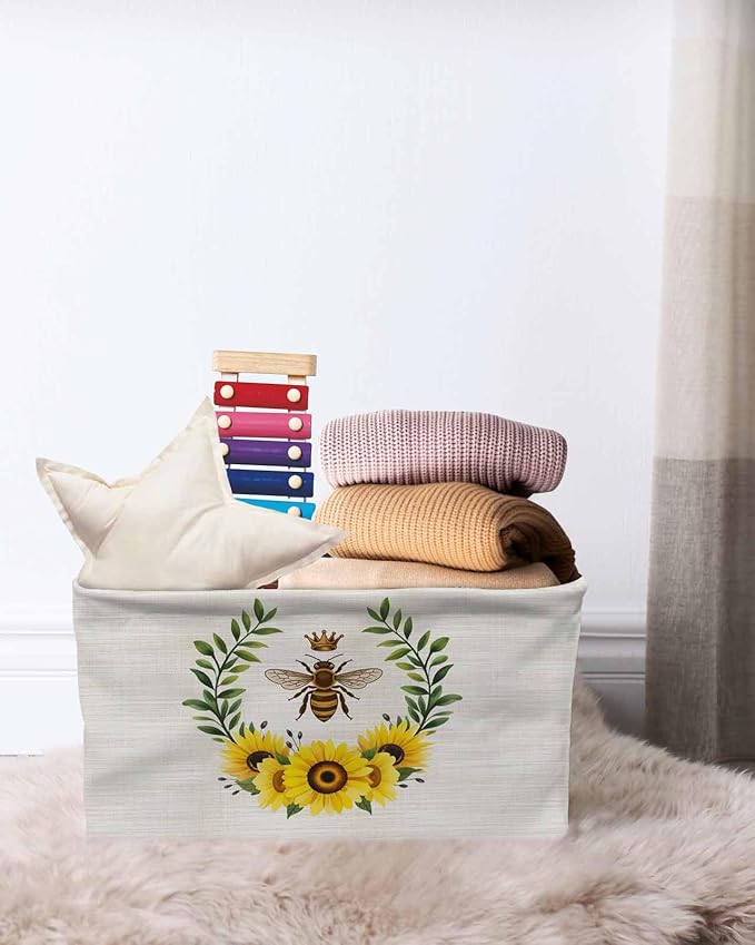 Sunflowers Bees Storage Bins Cubes Waterproof Cloth Storage Basket,Spring Farmhouse Honey Flowers Leaves Foldable Storage Bags for Shelf Clothes Storages Organizers with Handles 15x11x9.5 in 1PCS
