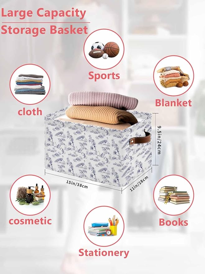 Farmhouse Monkey Storage Bins Cubes Waterproof Cloth Storage Basket, Vintage Blue Plants Rustic Turtles Peacock Foldable Storage Bags for Shelf Closet Clothes Organizers with Handles 15x11x9.5 in 1PCS