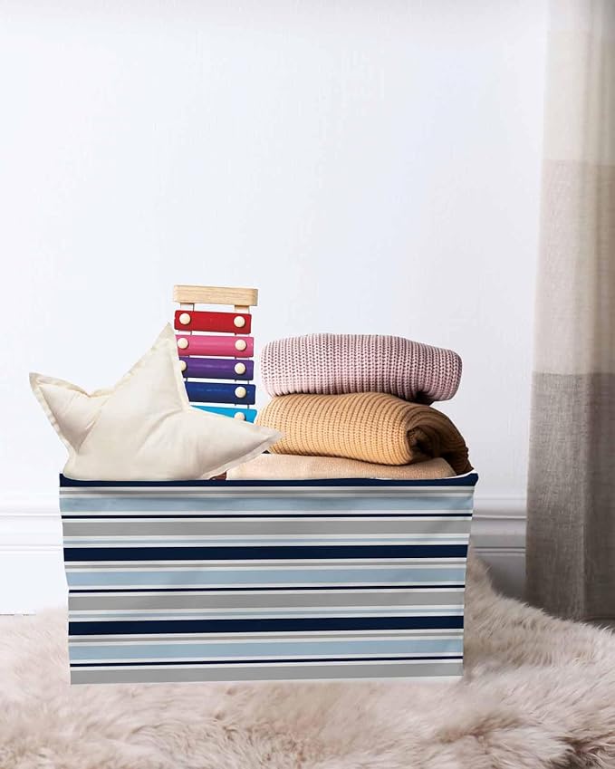 Navy Blue Gray Striped Storage Bins Cubes Waterproof Cloth Storage Basket,Farmhouse Stripes Modern Abstract Art Foldable Storage Bags for Shelf Storages Organizers with Handles 15x11x9.5 in 2PCS