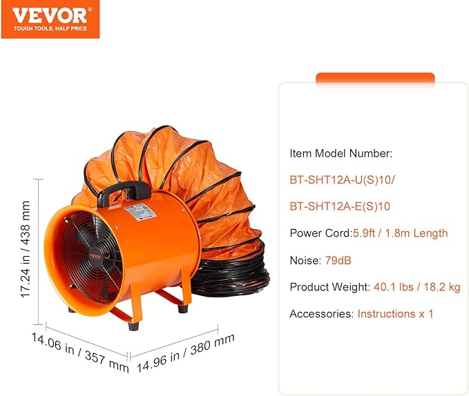 VEVOR Air Mover Blower Fan 12 Inch, 3198CFM 585W with 33ft Flexible Duct, Industrial Portable Ventilator Blower/Exhaust, Orange