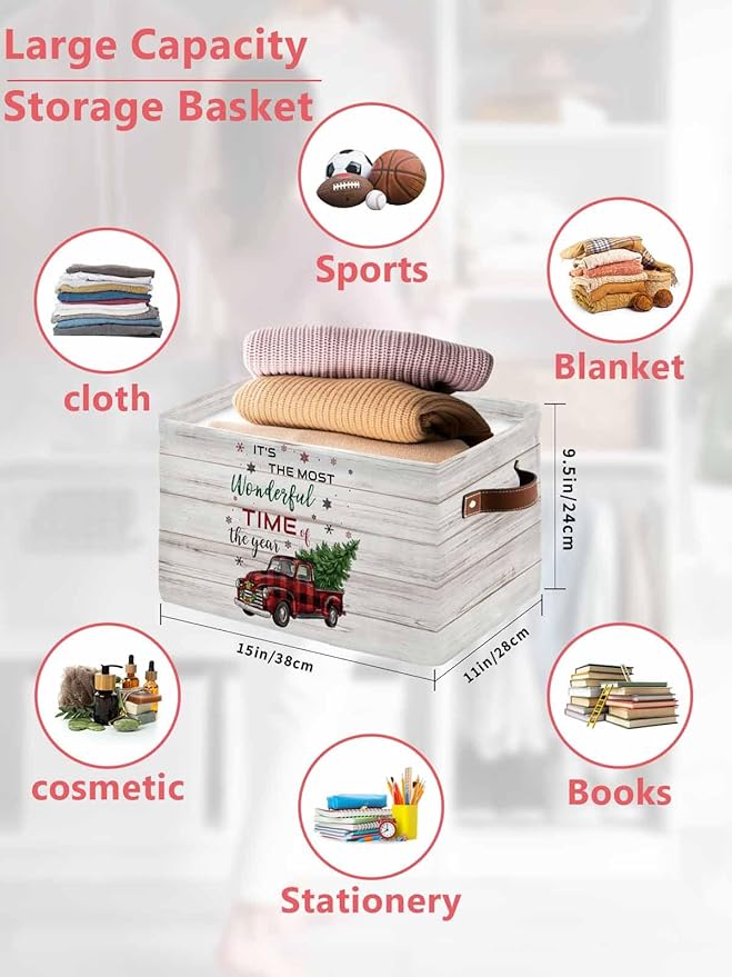 Merry Christmas Storage Bins Cubes Waterproof Cloth Storage Basket, Truck Xmas Tree Farmhouse Buffalo Plaid Foldable Storage Bags for Shelf Closet Clothes Organizers with Handles 15x11x9.5 in 1PCS