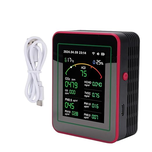 Air Quality Tester 15 in 1 Design 2.8 Inch HD Display CO2 TVOC HCHO PM2.5 Temperature Humidity Timer WiFi Air Quality Detector (Black+Red)