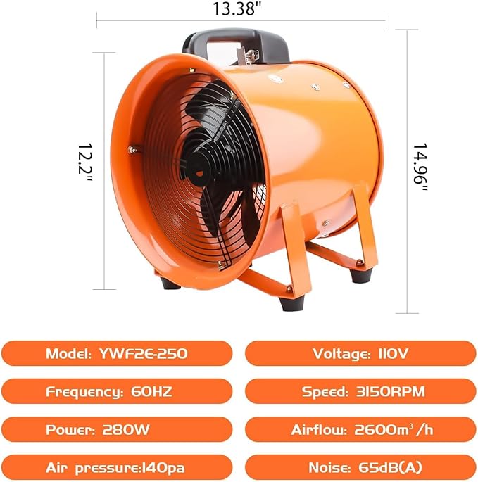 10-Inch High-Velocity Portable Utility Blower Fan, Industrial Exhaust Fan with 16.4ft Flexible Duct Hose, 3150 RPM Low-Noise Ventilator for Basements, Workshops, Warehouses, and Confined Spaces