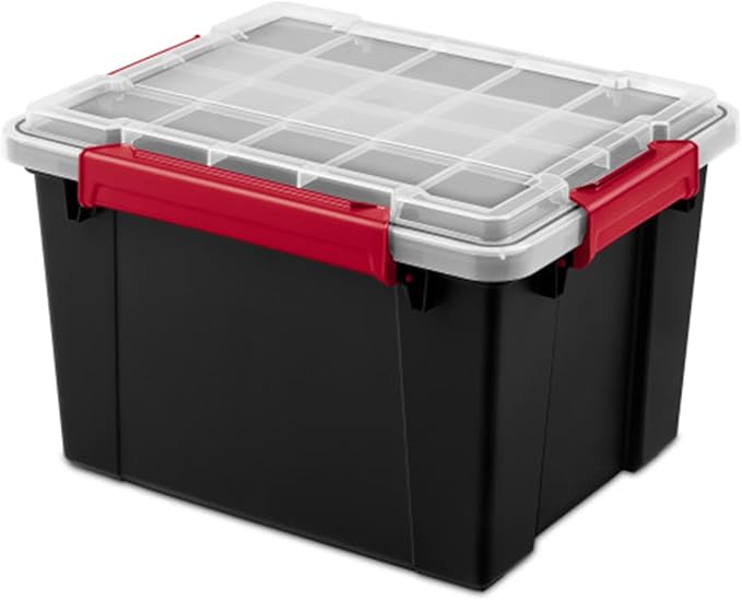 Sterilite 4 Pack Gasket Box, Stackable Plastic 8.5 Gallon Storage Container with Lids, Black - Waterproof and Dustproof Tote for Home Organization