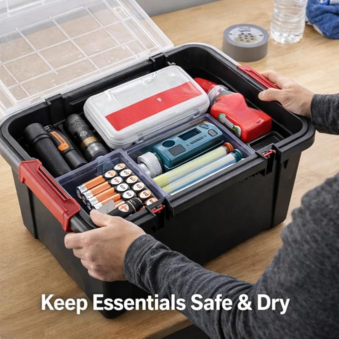 5 Gallon Storage Tote with Lid, IP68 Rated Sealed Plastic Bin with Gasket and Secure Latches, Durable Stackable Organizer Box, Black