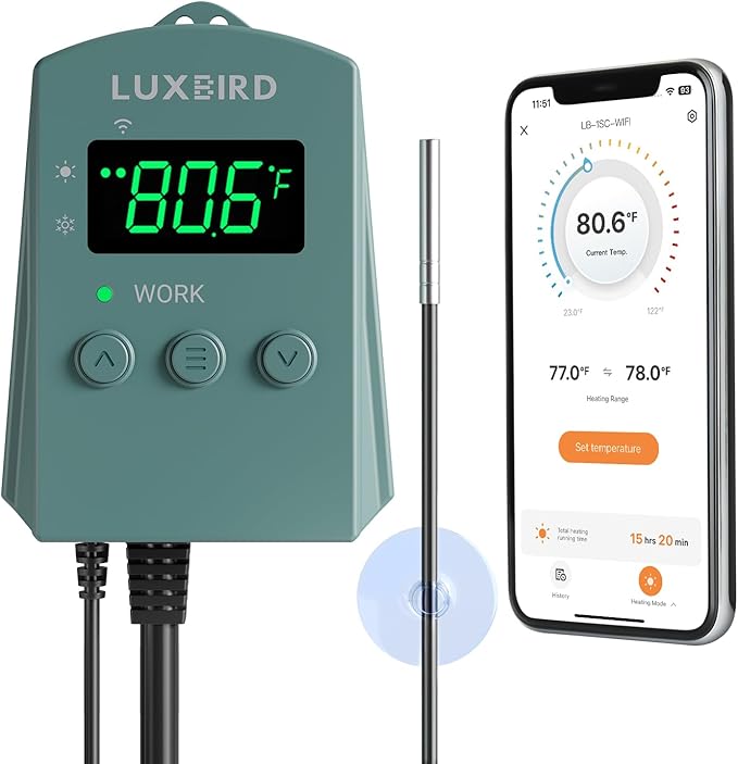 WiFi Digital Heat Mat Thermostat Controller, 32-113°F with Heating Cooling Mode, 365 Day Data Export, 1200W, High/Low Temp Alerts, Plug & Play for Reptile Seedling Brewing Breeding Greenhouse