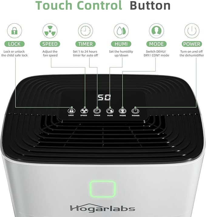 HOGARLABS Smart Dehumidifiers for Home and Basements, with 3 Working Modes, Overflow Protection, Dehumidifier with Drain Hose and Digital Control Panel. (50 Pints for basement)