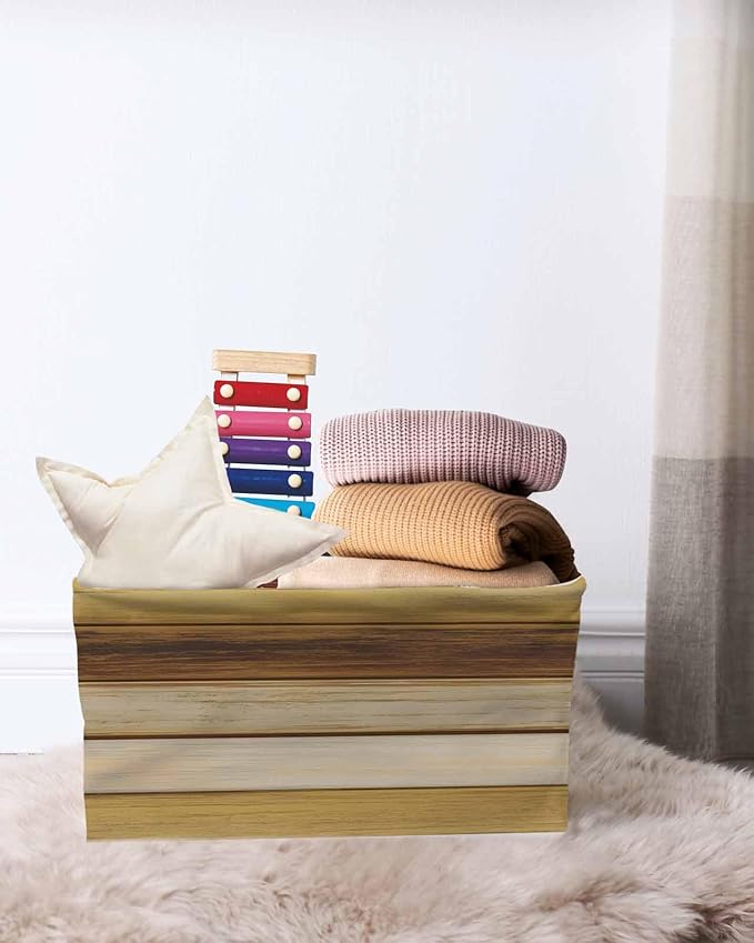 Vintage Yellow Wood Storage Bins Cubes Waterproof Cloth Storage Basket, Farmhouse Retro Wooden Plank Foldable Storage Bags for Shelf Closet Clothes Storage Organizers with Handles 15x11x9.5 in 1PCS