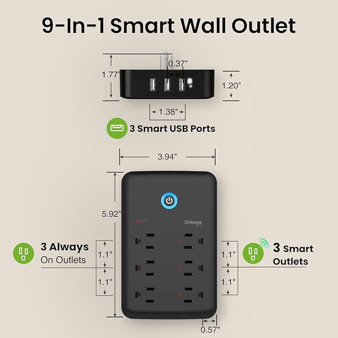 GHome Smart Power Strip, 1800W/15A High Power Devices Support Surge Protector Extension Cord, 9 in 1 Smart Plugs that Works with Alexa Google Home, 2.4 GHz WiFi Wall Outlet Extender, No Hub Needed