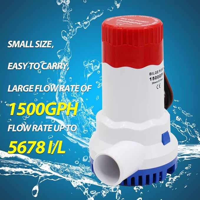 1500 GPH Marine Electric Bilge Pump 12V Low Noise Non-Automatic Boat Bilge Pump, Suitable for All Kinds of Ship Type Water Equipment