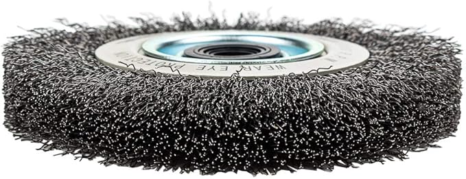 Forney 72895 Wire Bench Wheel Brush, Industrial Pro Crimped with 1/2-Inch Through 2-Inch Multi Arbor, 6-Inch-by-.012-Inch