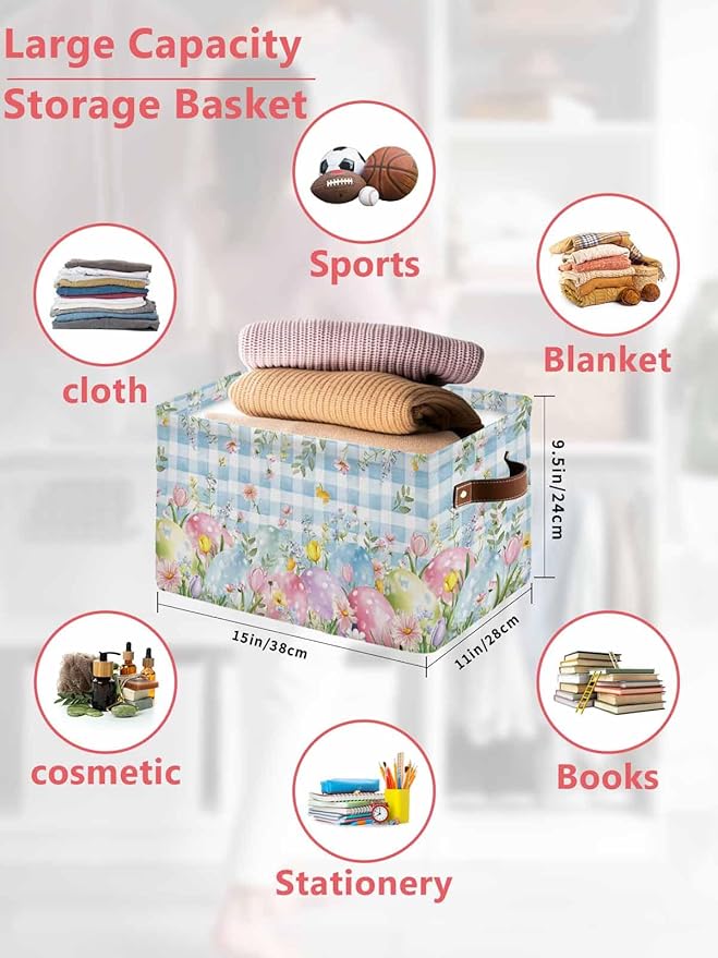 Easter Eggs Storage Bins Cubes Waterproof Cloth Storage Basket,Spring Daisy Eucalyptus Leaves Blue Plaid Foldable Storage Bags for Shelf Clothes Storages Organizers with Handles 15x11x9.5 in 2PCS